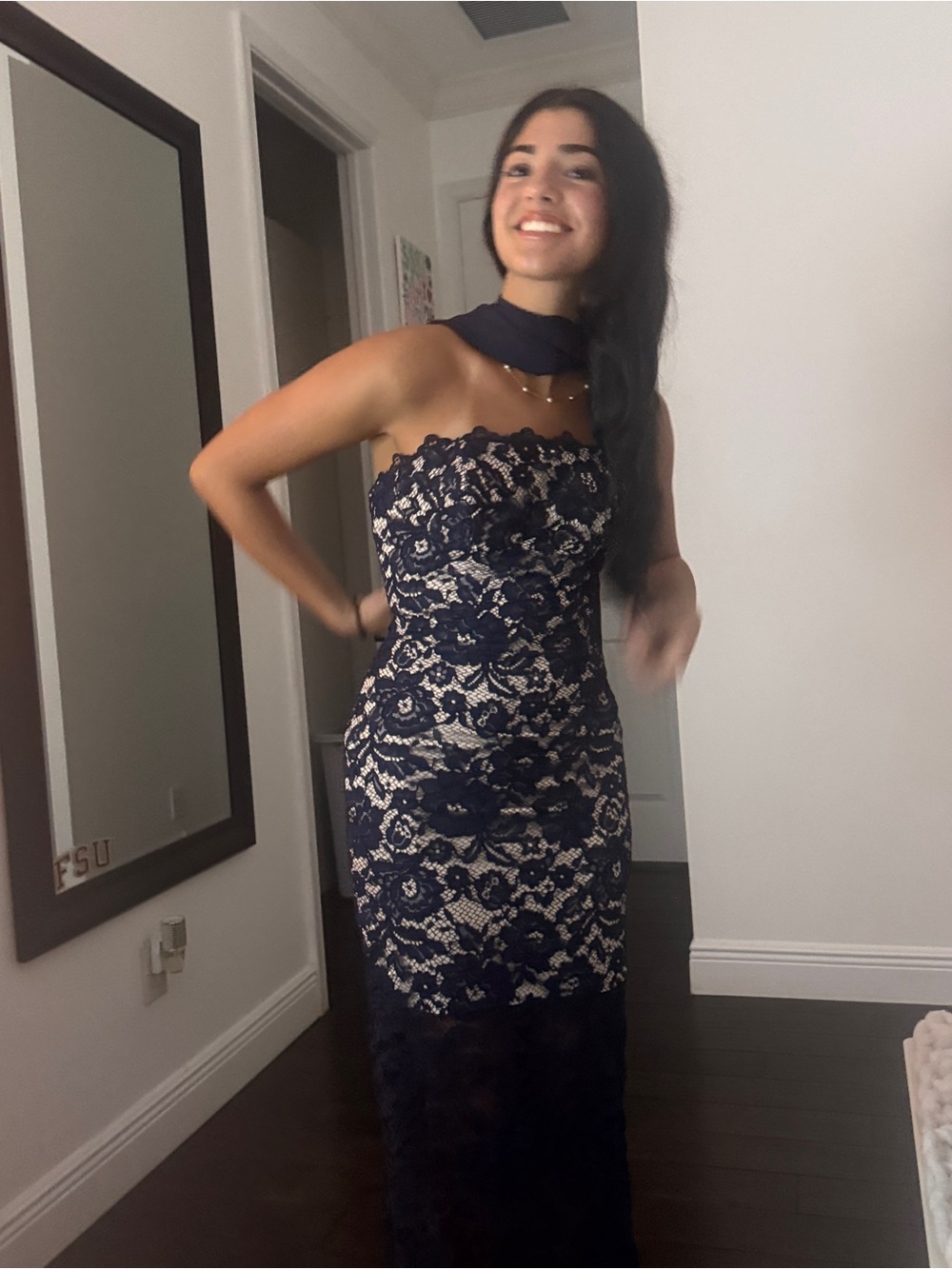 Prom Dress Strapless Navy and Cream Lace Evening Gown